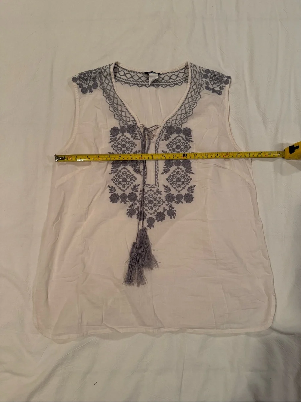 J. Crew White Sleeveless Embroidered Camisole with Gray Detail